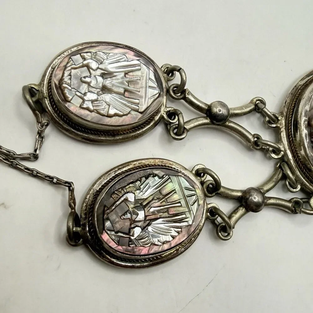 Antique Three Graces Carved Mother of Pearl MOP 800 Silver 3 Cameo Necklace Vtg